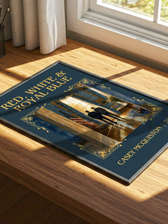 Red, White & Royal Blue Classic Book Art Print by Casey McQuiston – print on a sunlit desk