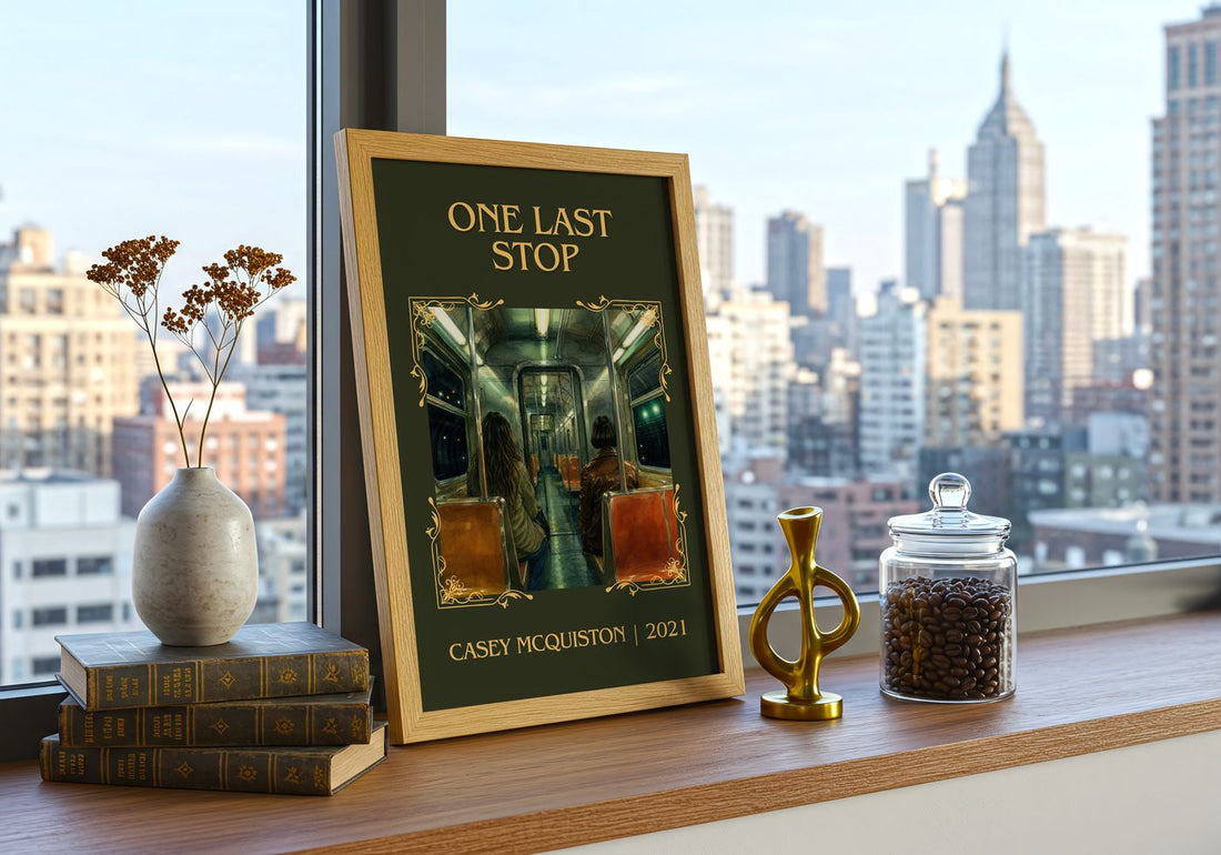 One Last Stop Classic Book Art Print by Casey McQuiston – framed print on a city-view windowsill