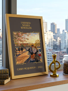 I Kissed Shara Wheeler Classic Book Art Print by Casey McQuiston – framed print on a city-view windowsill