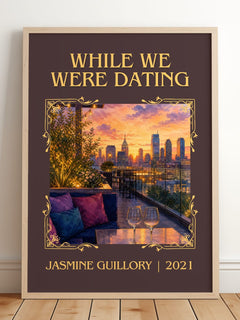 While We Were Dating Classic Book Art Print by Jasmine Guillory – framed print leaning on a wooden floor