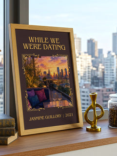 While We Were Dating Classic Book Art Print by Jasmine Guillory – framed print on a city-view windowsill