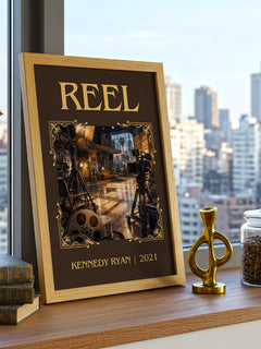 Reel Classic Book Art Print by Kennedy Ryan – framed print on a city-view windowsill