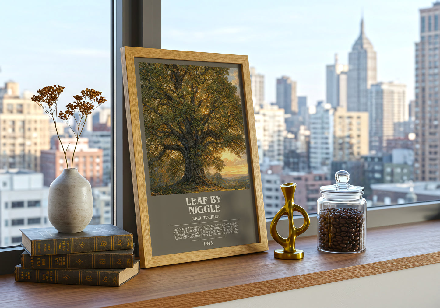 Leaf By Niggle bookish print framed by window – literary home decor