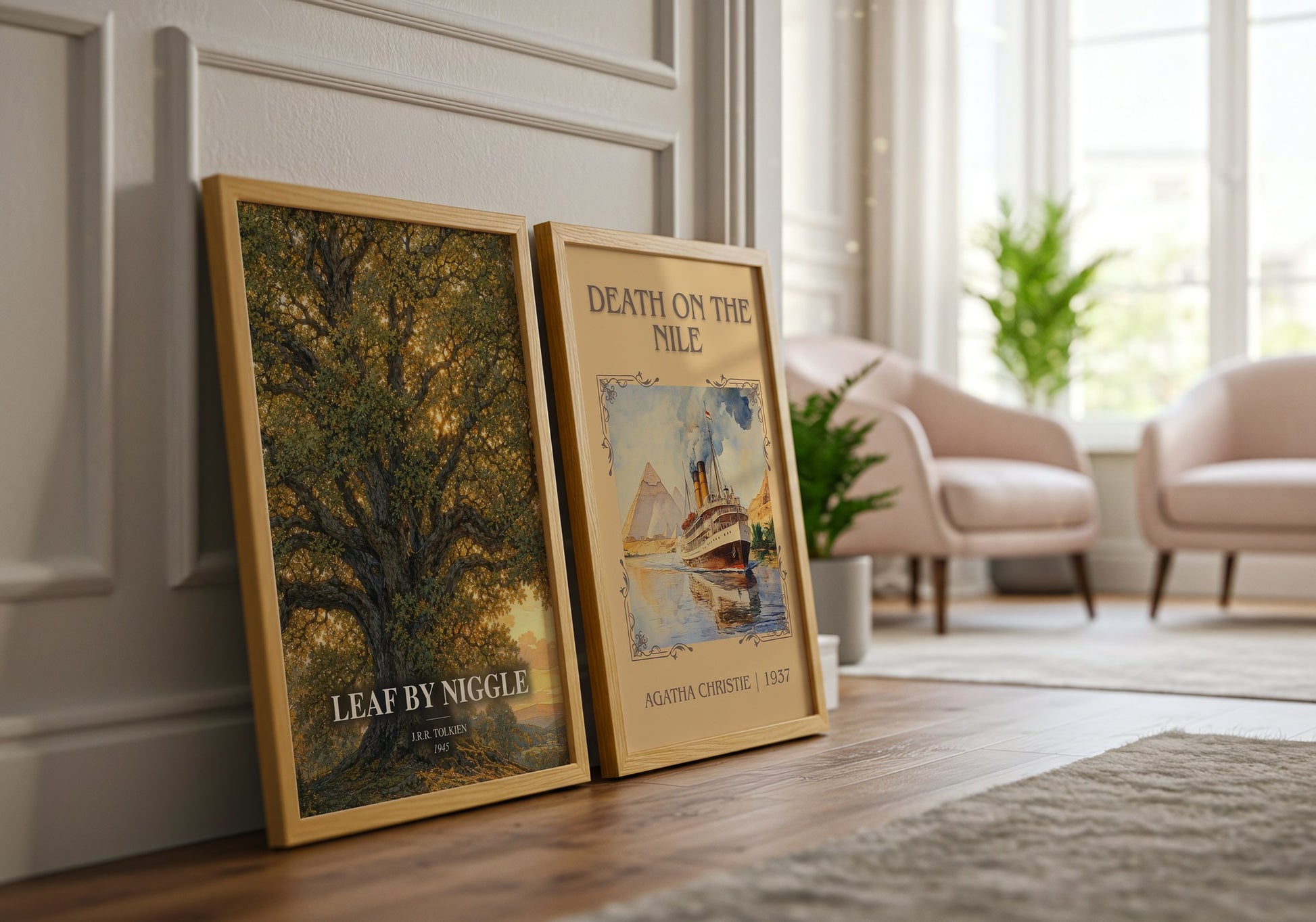 Leaf By Niggle watercolour print framed by window – literary home decor