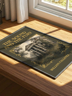 The Sound and the Fury Classic Book Art Print by William Faulkner – print on a sunlit desk