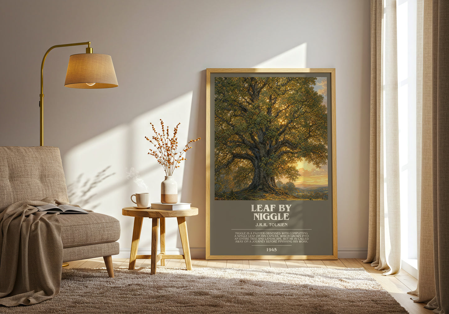 Leaf By Niggle bookish print on bookshelf – J.R.R. Tolkien fan gift