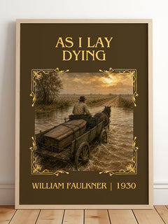 As I Lay Dying Classic Book Art Print by William Faulkner – framed print leaning on a wooden floor