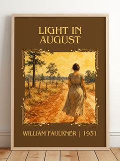 Light in August Classic Book Art Print by William Faulkner – framed print leaning on a wooden floor