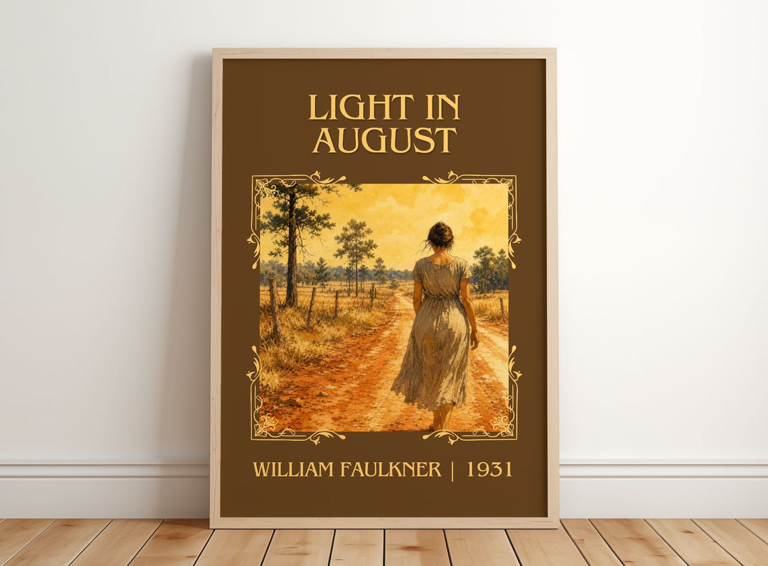 Light in August Classic Book Art Print by William Faulkner – framed print leaning on a wooden floor
