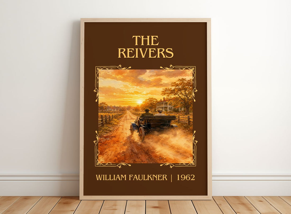 The Reivers Classic Book Art Print by William Faulkner – framed print leaning on a wooden floor