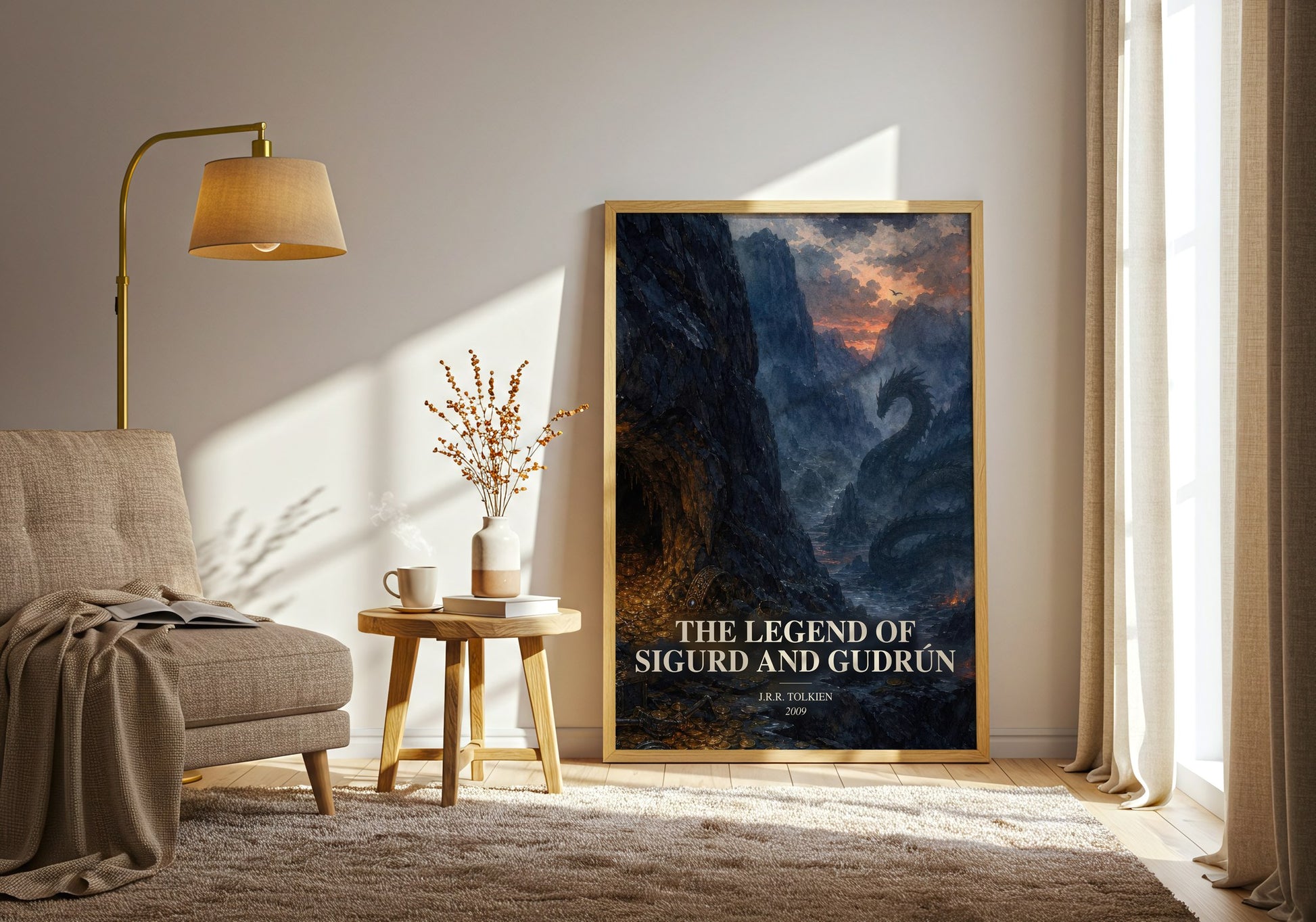 The Legend Of Sigurd And Gudrún watercolour print in frame leaning in hallway – poetry wall art