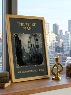 The Third Man Classic Book Art Print by Graham Greene – framed print on a city-view windowsill