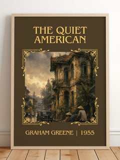 The Quiet American Classic Book Art Print by Graham Greene – framed print leaning on a wooden floor