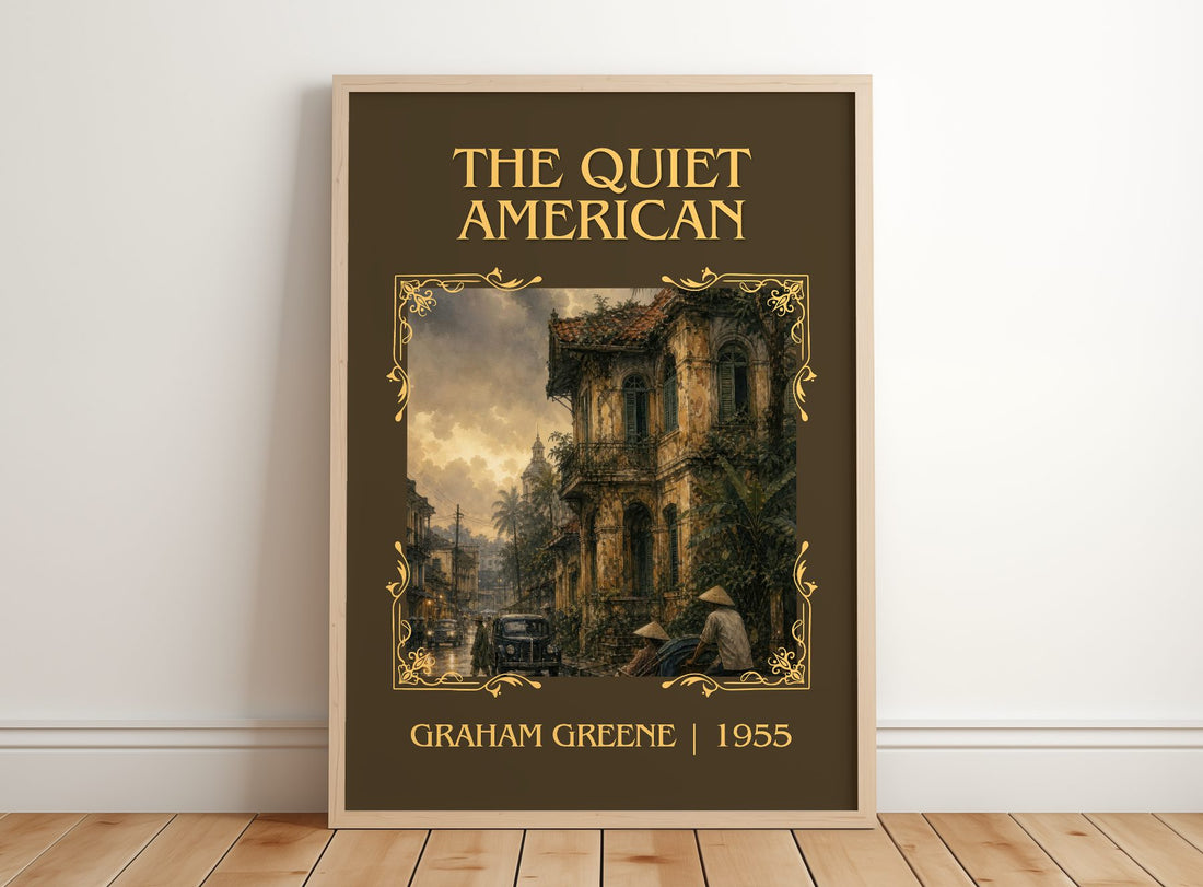 The Quiet American Classic Book Art Print by Graham Greene – framed print leaning on a wooden floor