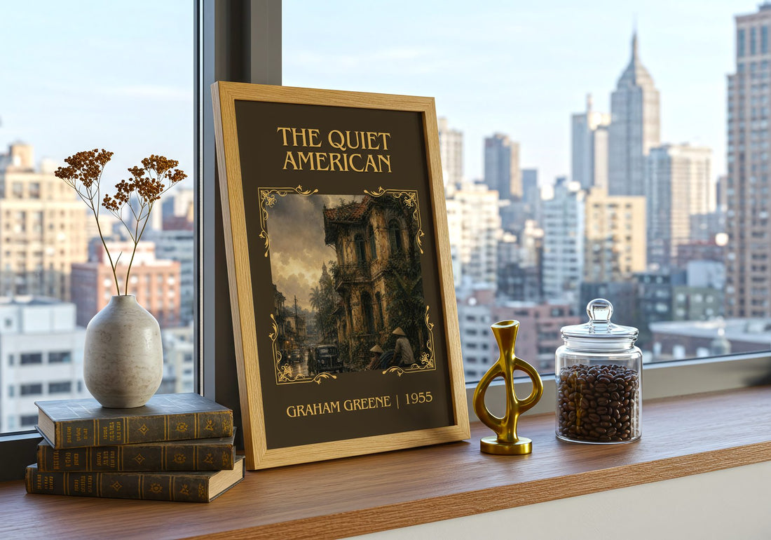 The Quiet American Classic Book Art Print by Graham Greene – framed print on a city-view windowsill