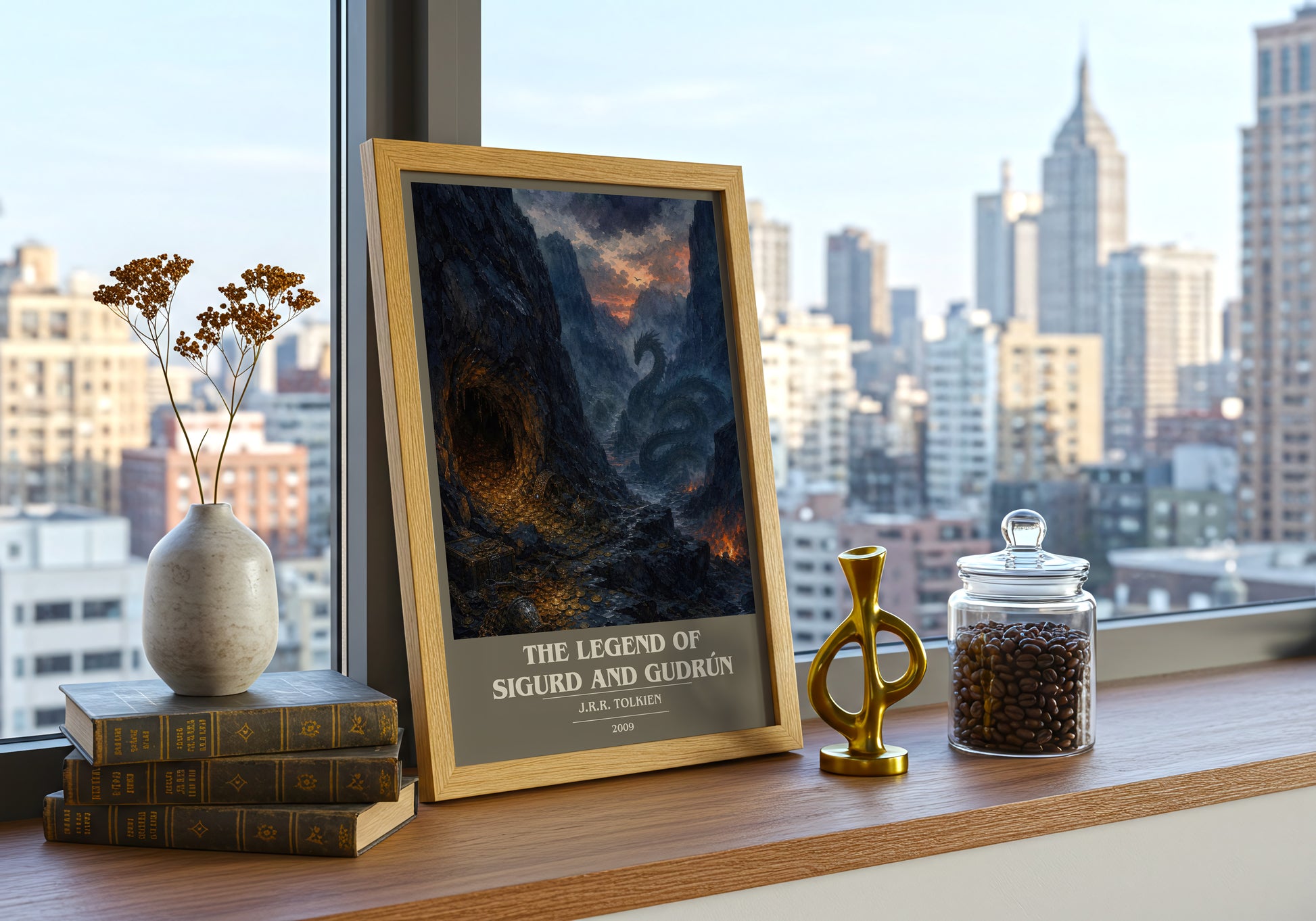 The Legend Of Sigurd And Gudrún book cover print framed by window – literary home decor