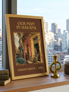 Our Man in Havana Classic Book Art Print by Graham Greene – framed print on a city-view windowsill