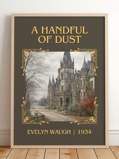 A Handful of Dust Classic Book Art Print by Evelyn Waugh – framed print leaning on a wooden floor