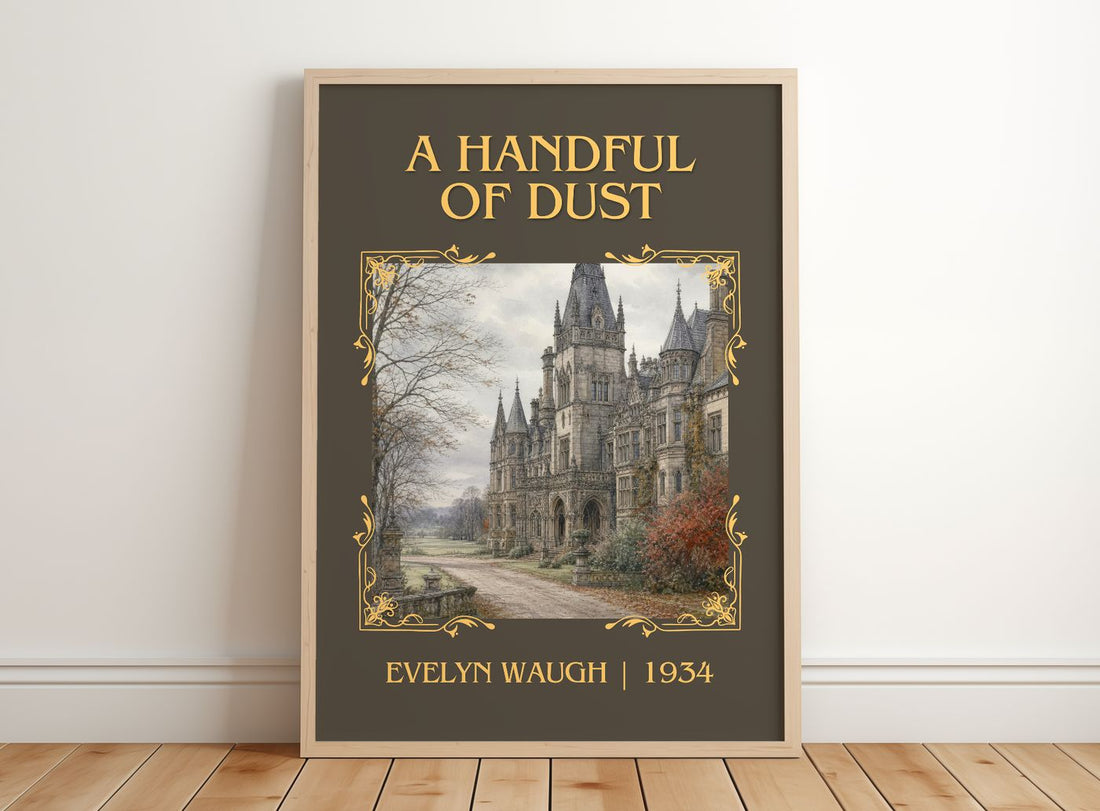 A Handful of Dust Classic Book Art Print by Evelyn Waugh – framed print leaning on a wooden floor