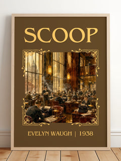 Scoop Classic Book Art Print by Evelyn Waugh – framed print leaning on a wooden floor