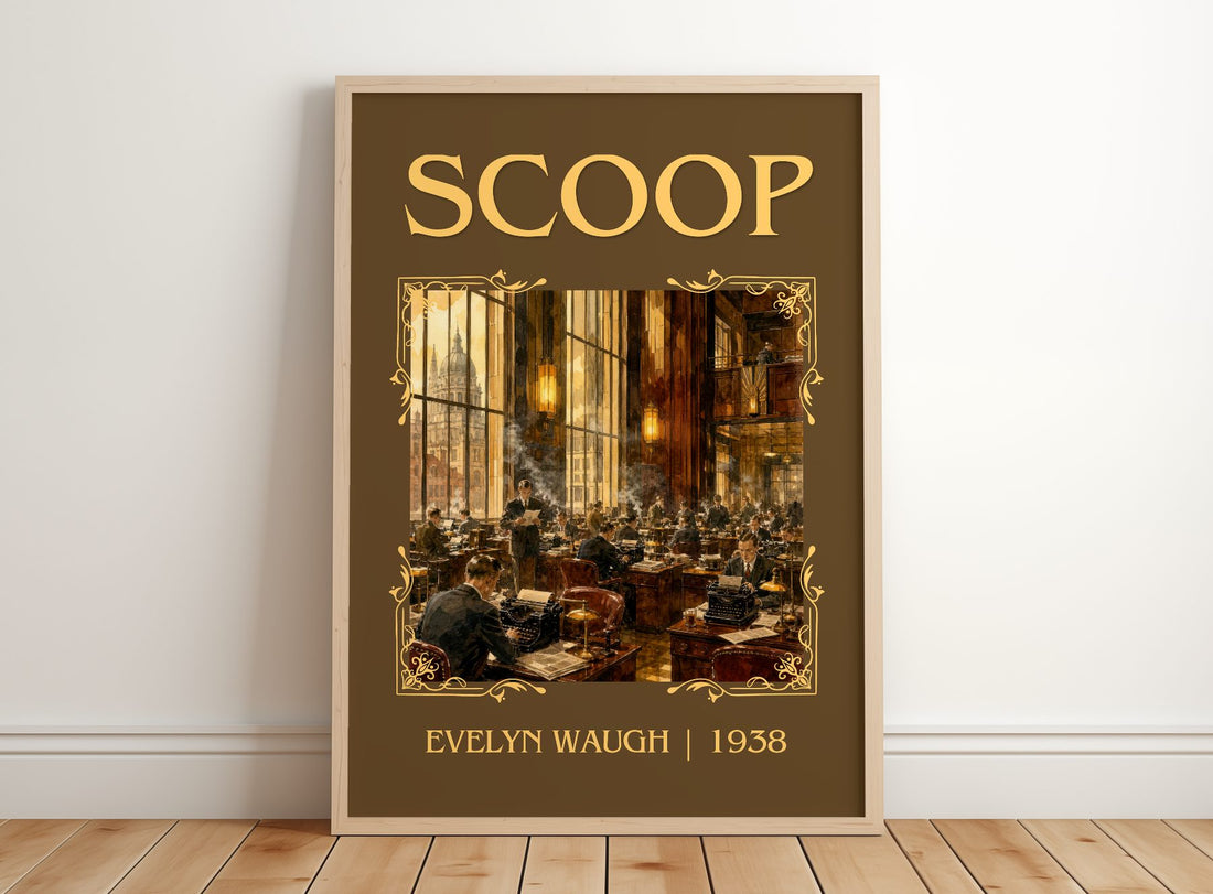 Scoop Classic Book Art Print by Evelyn Waugh – framed print leaning on a wooden floor