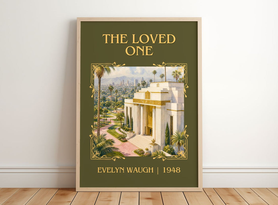 The Loved One Classic Book Art Print by Evelyn Waugh – framed print leaning on a wooden floor