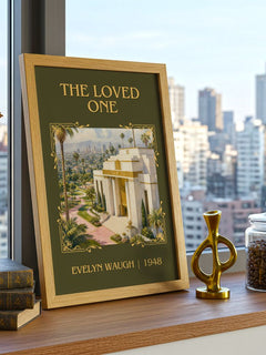 The Loved One Classic Book Art Print by Evelyn Waugh – framed print on a city-view windowsill