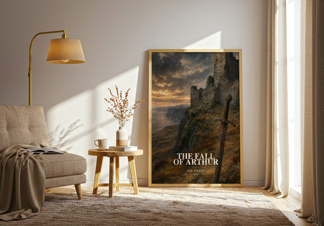 The Fall Of Arthur watercolour print in frame leaning in hallway – poetry wall art (mockup)