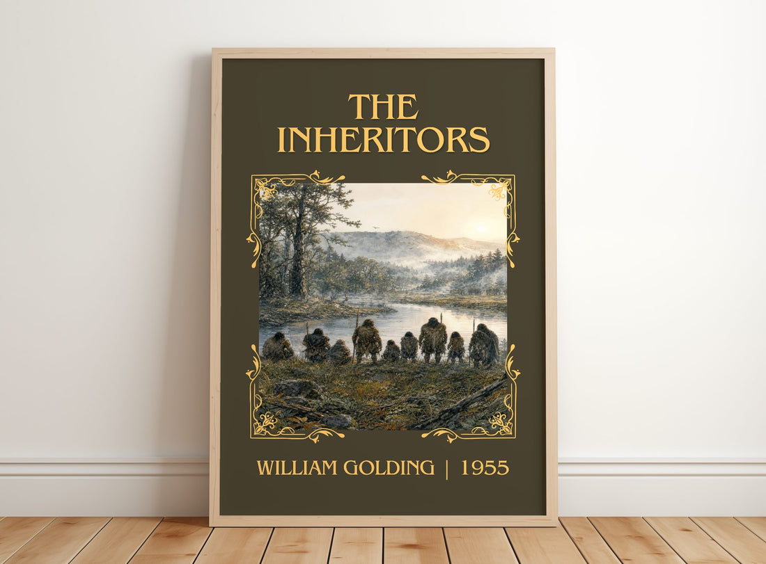 The Inheritors Classic Book Art Print by William Golding – framed print leaning on a wooden floor
