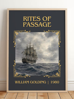 Rites of Passage Classic Book Art Print by William Golding – framed print leaning on a wooden floor