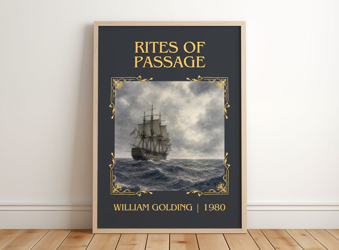 Rites of Passage Classic Book Art Print by William Golding – framed print leaning on a wooden floor