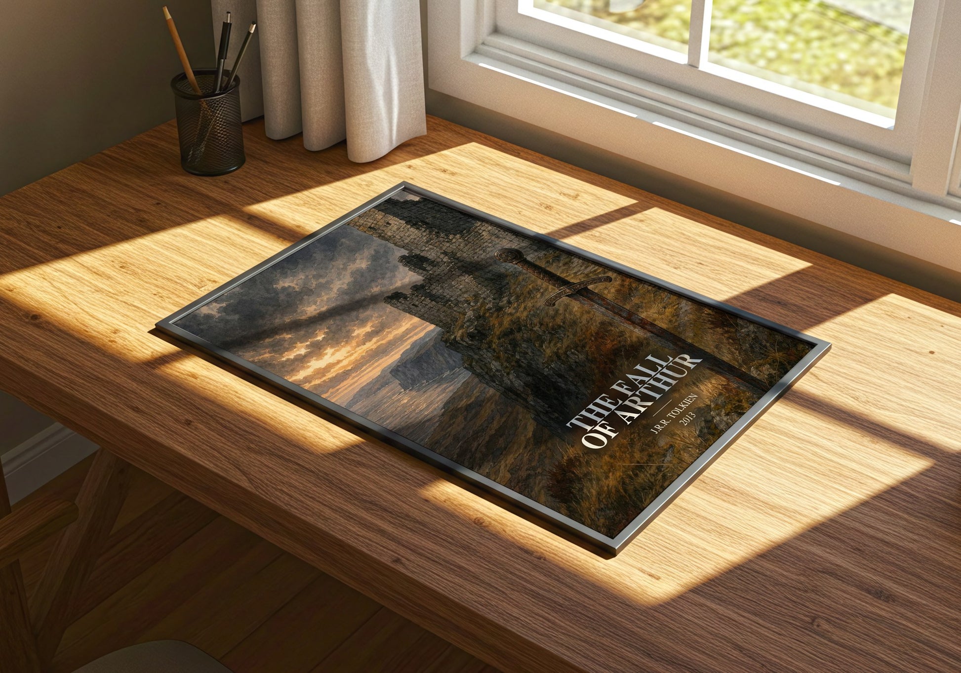 The Fall Of Arthur watercolour book poster framed on wall – poetry wall art