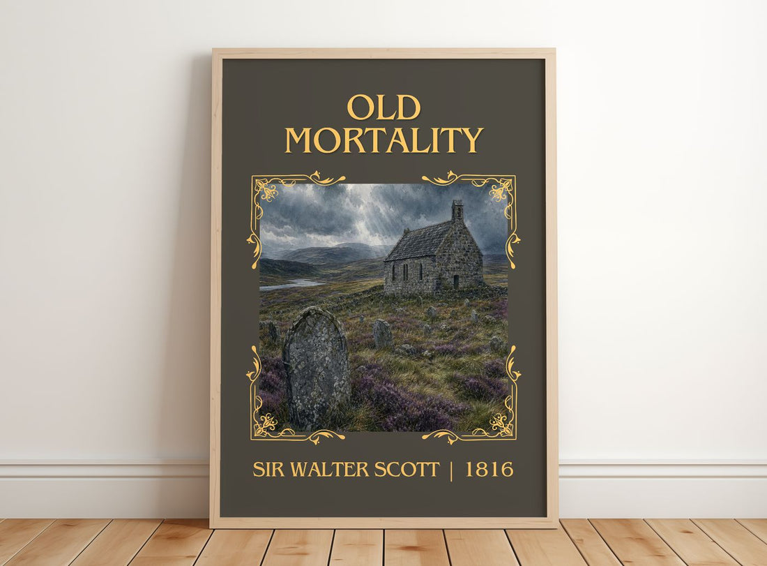 Old Mortality Classic Book Art Print by Sir Walter Scott – framed print leaning on a wooden floor