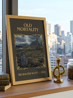 Old Mortality Classic Book Art Print by Sir Walter Scott – framed print on a city-view windowsill