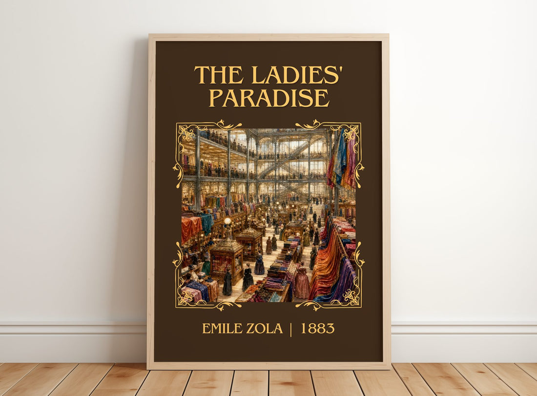 The Ladies' Paradise Classic Book Art Print by Émile Zola – framed print leaning on a wooden floor
