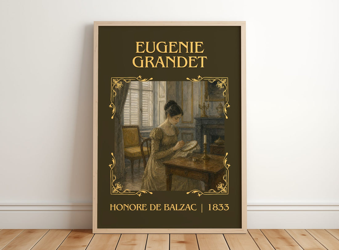 Eugénie Grandet Classic Book Art Print by Honoré de Balzac – framed print leaning on a wooden floor
