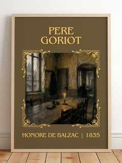 Père Goriot Classic Book Art Print by Honoré de Balzac – framed print leaning on a wooden floor