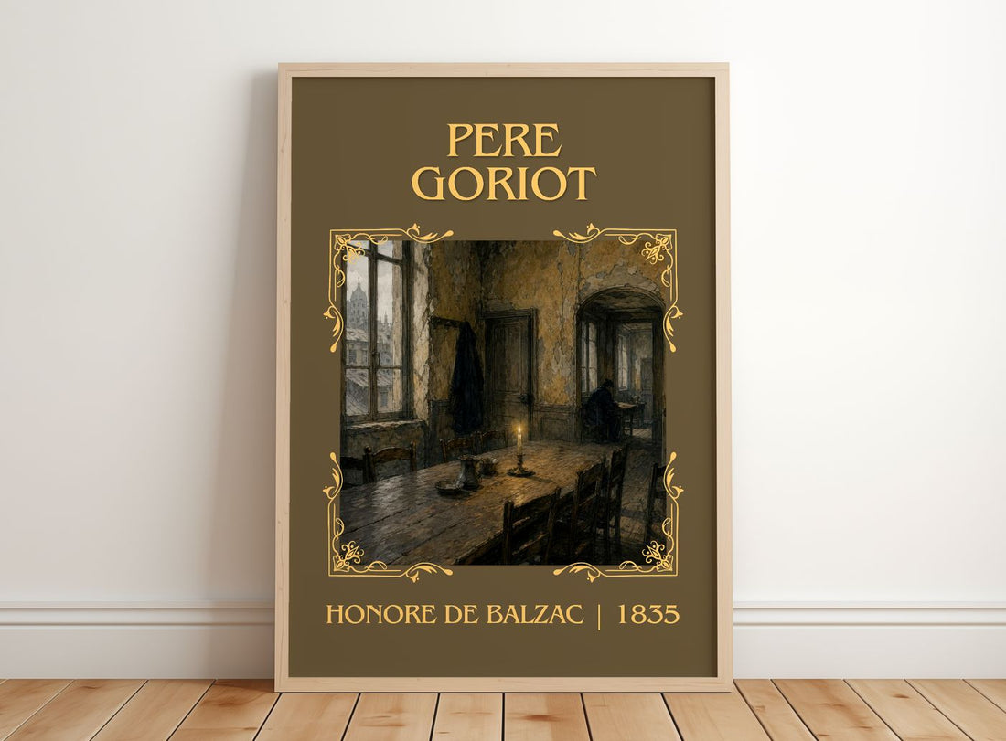 Père Goriot Classic Book Art Print by Honoré de Balzac – framed print leaning on a wooden floor