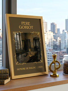 Père Goriot Classic Book Art Print by Honoré de Balzac – framed print on a city-view windowsill