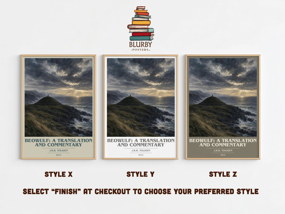 Beowulf: A Translation And Commentary book cover print in frame leaning in hallway – poetry wall art (mockup)