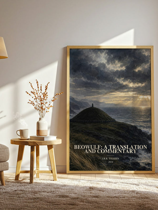 Beowulf: A Translation And Commentary watercolour print in frame leaning in hallway – poetry wall art