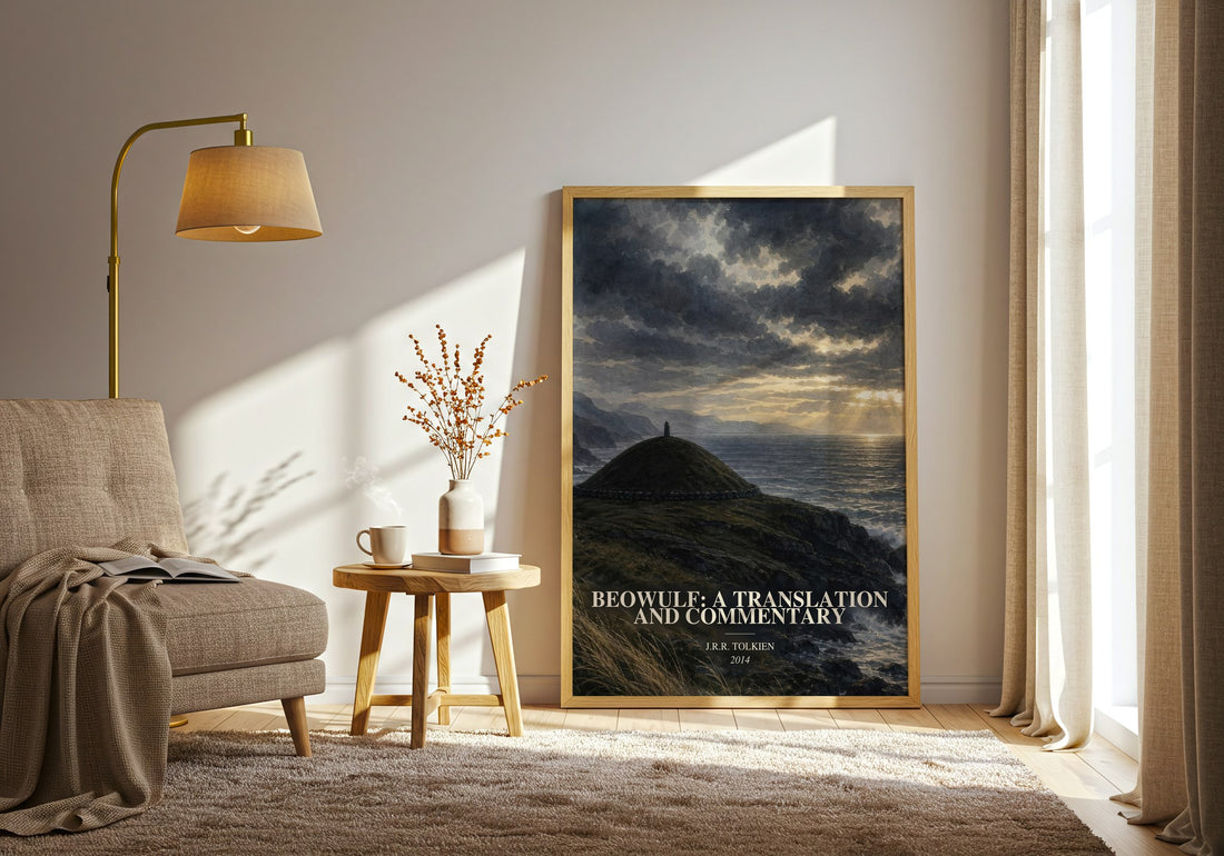 Beowulf: A Translation And Commentary watercolour print in frame leaning in hallway – poetry wall art (mockup)