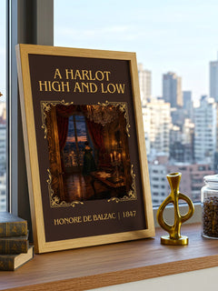 A Harlot High and Low Classic Book Art Print by Honoré de Balzac – framed print on a city-view windowsill