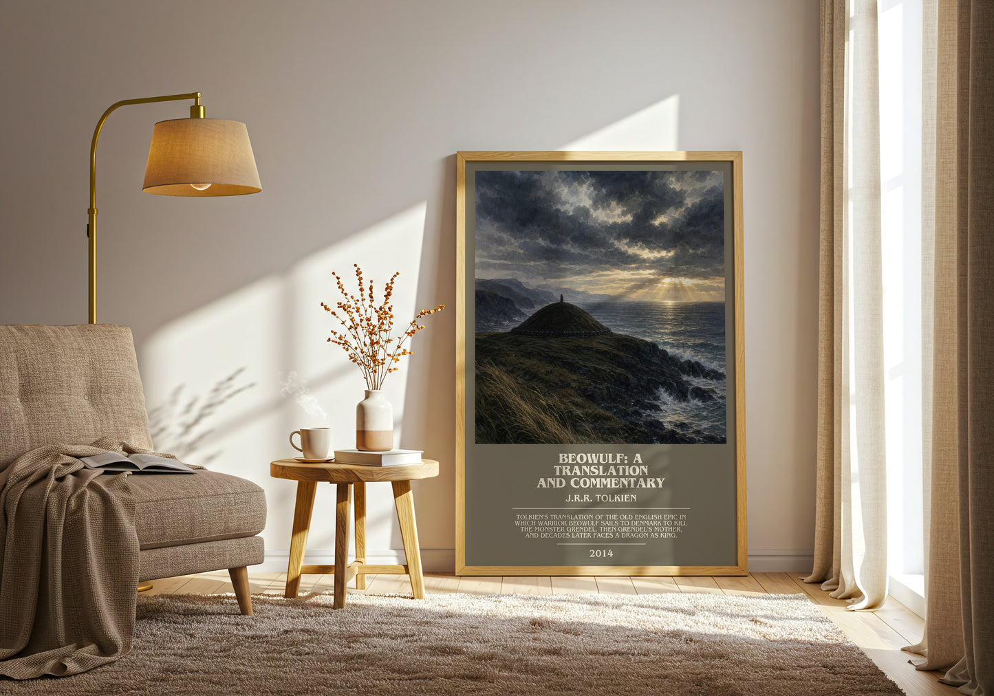 Beowulf: A Translation And Commentary bookish print on bookshelf – J.R.R. Tolkien fan gift