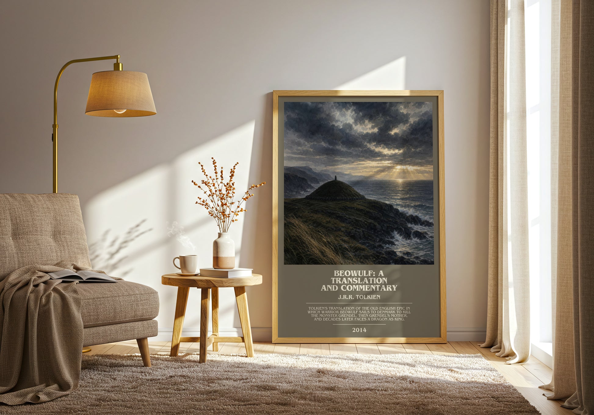 Beowulf: A Translation And Commentary bookish print on bookshelf – J.R.R. Tolkien fan gift