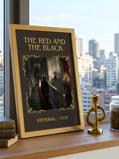 The Red and the Black Classic Book Art Print by Stendhal – framed print on a city-view windowsill