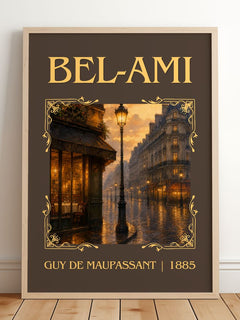 Bel-Ami Classic Book Art Print by Guy de Maupassant – framed print leaning on a wooden floor
