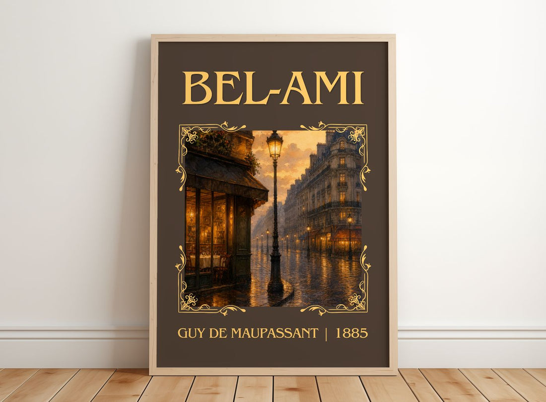 Bel-Ami Classic Book Art Print by Guy de Maupassant – framed print leaning on a wooden floor