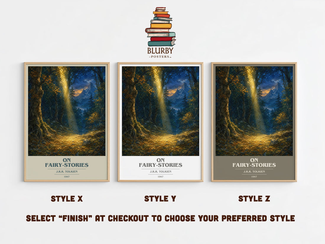 On Fairy-Stories book cover print in frame leaning in hallway – non fiction wall art (mockup)