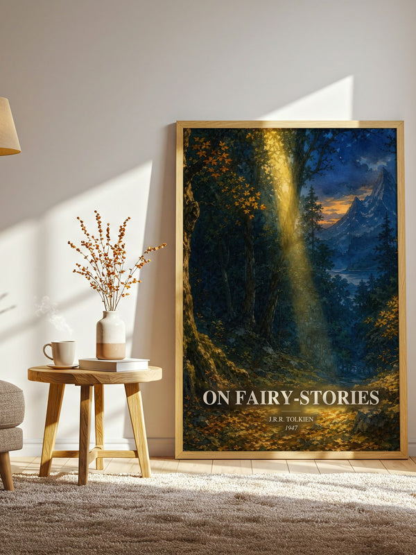 On Fairy-Stories watercolour print in frame leaning in hallway – non fiction wall art